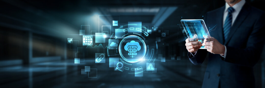 Businessman working on digital screen with web hosting systems, data analytics and server management tools, cloud hosting, website deployment, performance optimization, uptime monitoring