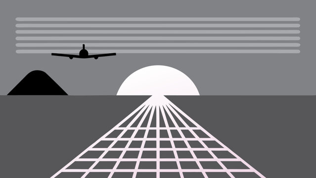 Airplane flies over a geometric landscape with a rising sun on the horizon.