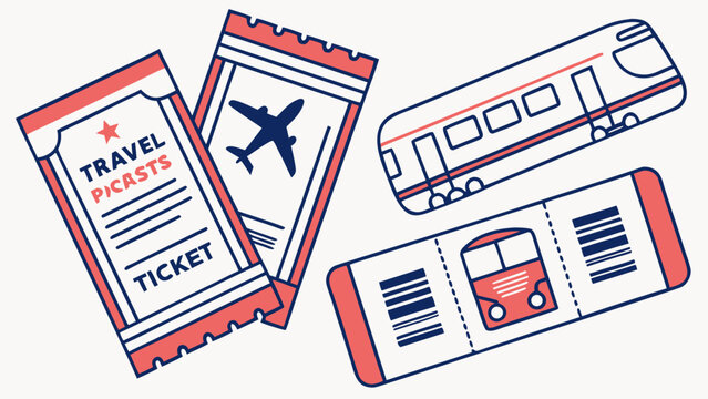 Tickets illustrate various modes of public transportation for global travel planning.