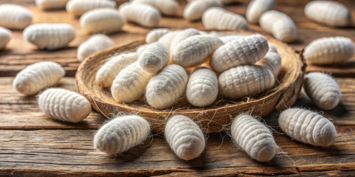 Detailed image of silkworm cocoons on a wooden background