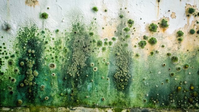 Dark green mold growth on a damp wall surface with water droplets and stains
