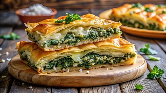 Flaky layers of golden-brown filo pastry surrounding a savory filling made from fresh spinach and feta cheese, topped with a sprinkle of parmesan , comfort food, homemade puff spinach pie