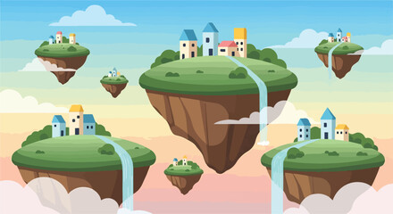 Colorful cartoon landscape with floating islands and waterfalls © Ridho