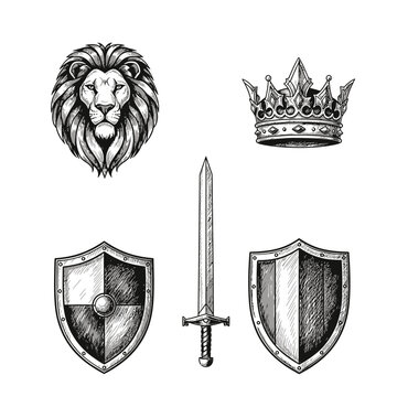 Heraldic emblems set lion crown sword shield in engraved style