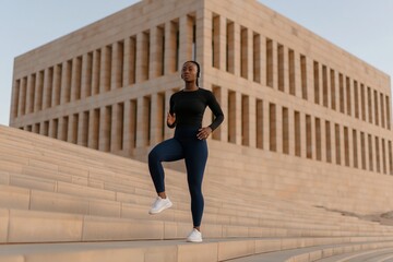 Naklejka premium Black woman training on modern urban stairs, focused on fitness and running drills, strong, determined and energetic city workout session