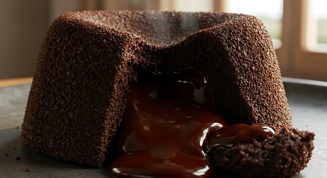 Delicioso bolo vulc&atilde;o de chocolate com ganache escorrendo, em close-up.