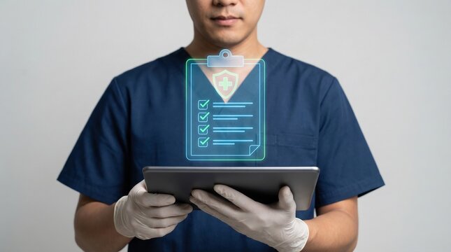Medical professional wearing gloves using tablet for online medical check with patient record and checklist to diagnose opd