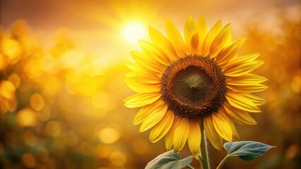 Obraz premium A single sunflower with bright yellow petals and dark center against a warm sunny background, blurred to emphasize the flower's vibrant colors , sunflowers, outdoor