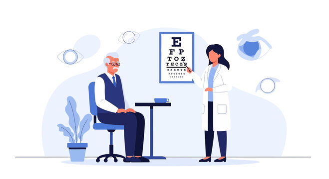 Optometrist examines elderly man's vision with eye chart in clinic, eye care concept