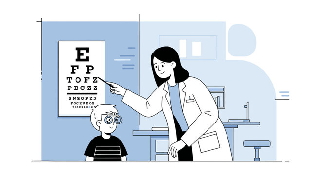 Optometrist examining a young boy's vision with an eye chart in a clinic
