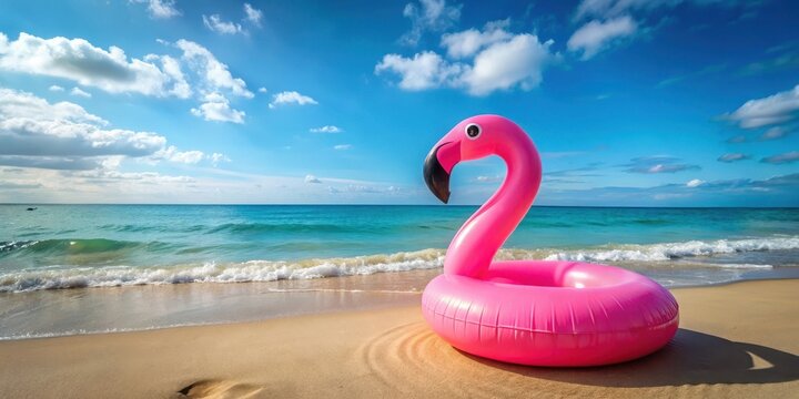 Pink inflatable flamingo pool float on beach