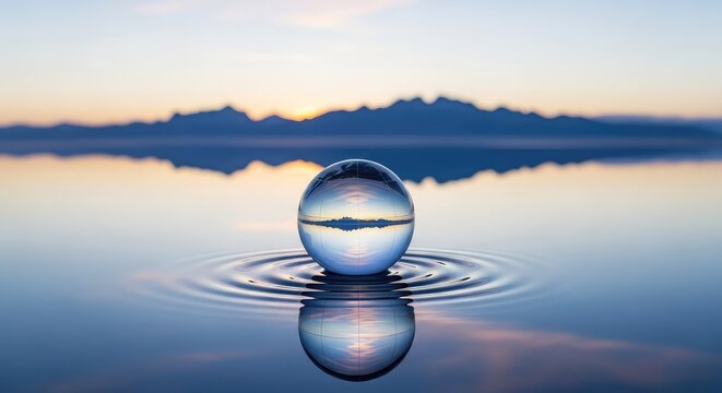 A clear crystal globe rests on tranquil water, reflecting a sharp inverted landscape of distant peaks and soft clouds in a serene setting, clean, abstract, globe
