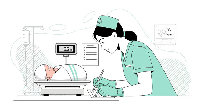 Nurse Weighing Newborn Baby on Scale, Recording Data, Neonatal Care Concept