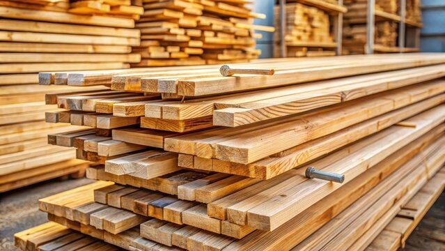 Stack of building lumber with wooden planks and nails, ready for construction or renovation , timber, lumber