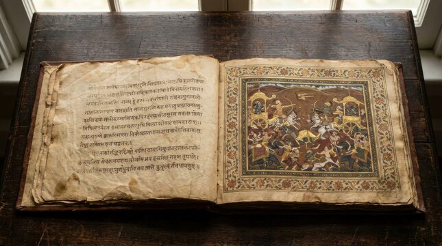 Antique Indian Manuscript with Sanskrit Text and Battle Scene Illustration