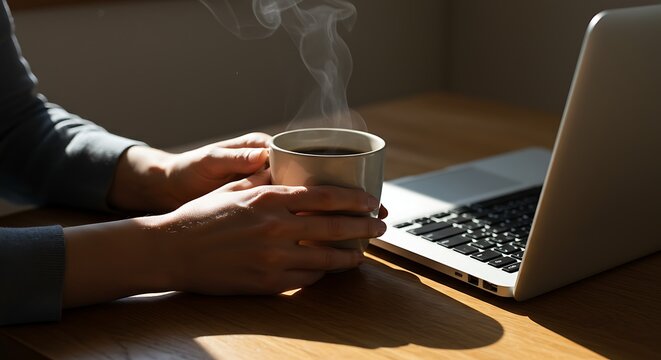 Pessoa com caf&eacute; e computador port&aacute;til em mesa sob a luz do sol.