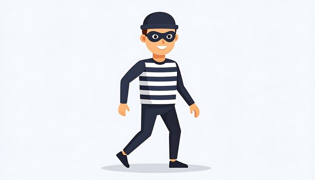 Cartoon thief in striped shirt walking.