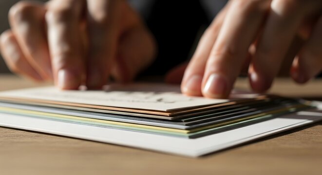 A person's hands carefully sort through a stack of elegant, colorful postcards, showcasing a moment of thoughtful organization and personal connection.