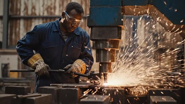 Black man operating industrial machine with sparks flying