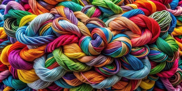 A giant tangled knot made of colorful spools of embroidery thread, twisted and knotted in a mesmerizing pattern, with each spool displaying a vibrant hue , messy thread, texture