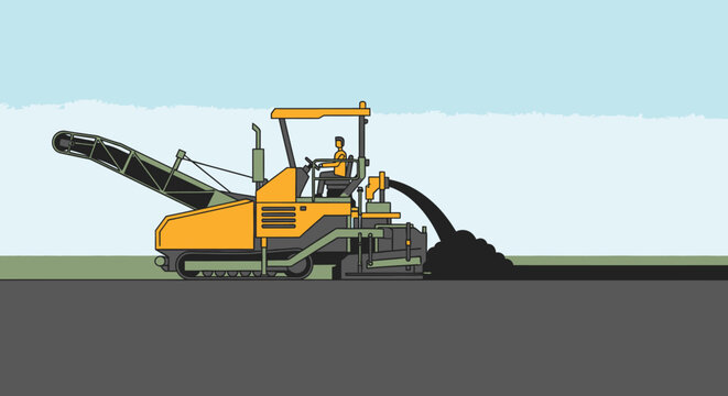 Road construction machinery laying asphalt in a flat illustrative style