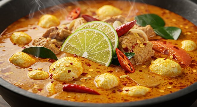 Vis&atilde;o aproximada de uma saborosa sopa asi&aacute;tica com ingredientes frescos e especiarias.