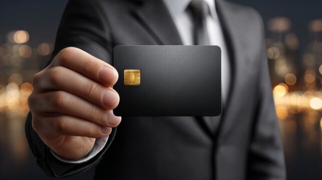 Businessman holding black credit card in close up, digital payment and finance concept for online transactions, banking and e commerce