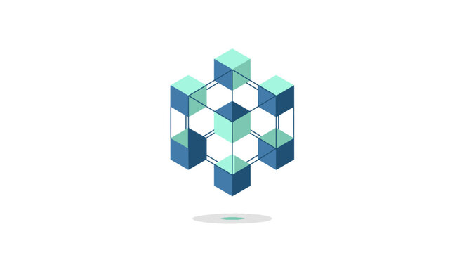 Geometric cube blocks arranged in abstract three dimensional pattern representing blockchain technology, modular system, data structure and innovative digital network concept in modern vector illustra