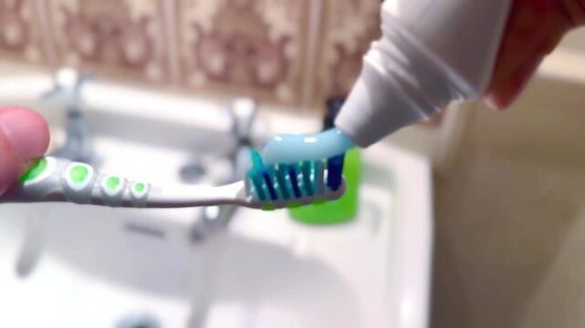 squeezing blue toothpaste onto green and white toothbrush next to bathroom sink