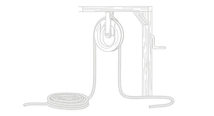 Fototapeta premium Vintage pulley system illustration with rope and wooden frame on white backdrop