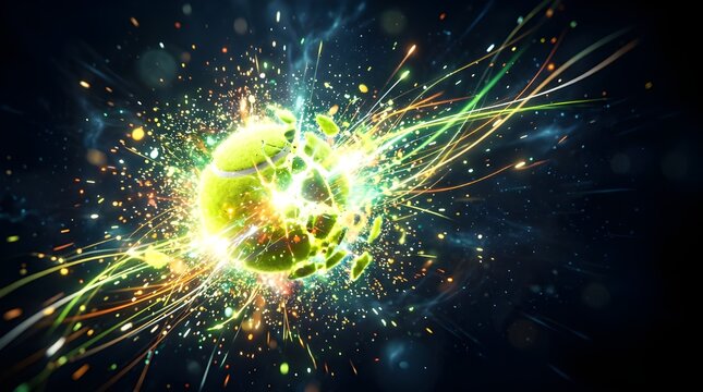 Tennis ball explosion with glowing particles and sparks