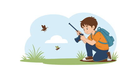 Fototapeta premium Young boy aims toy rifle at flying birds in an outdoor nature scene