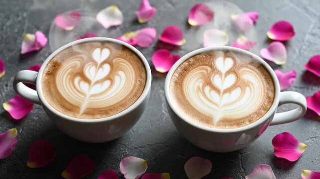 Two cups of coffee with latte art surrounded by rose petals.