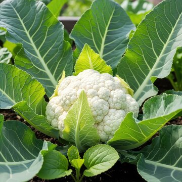 A fresh white cauliflower head matures in a garden bed, surrounded by vibrant green leaves under soft sunlight in a lush vegetable patch, field, botanical, gardening