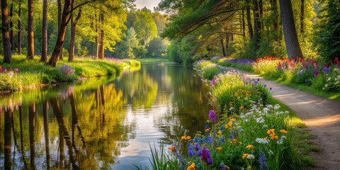 Obraz premium A serene forest path lined with wildflowers, their colors reflected in the gentle ripples of a nearby pond, floral path, meadow landscape