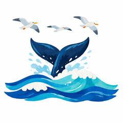 Fototapeta premium Whale Tail Ocean Wave Watercolor Illustration - Blue Sea Splash