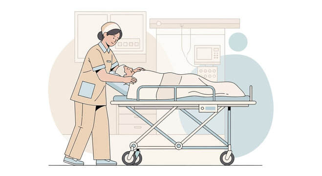 Nurse transfers patient on stretcher to ICU bed with monitoring equipment in background
