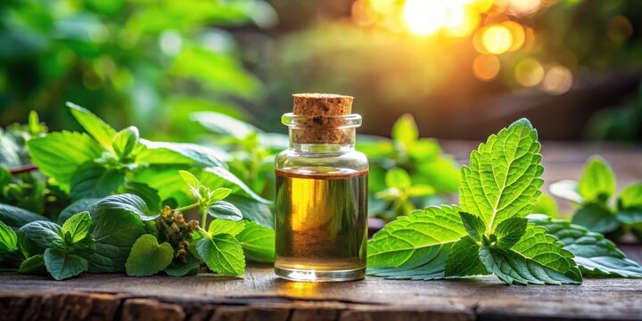 Essential oil glass bottle with fresh patchouli leaves and herbal scents surrounded by lush greenery and earthy tones, herbal oils, plant extracts