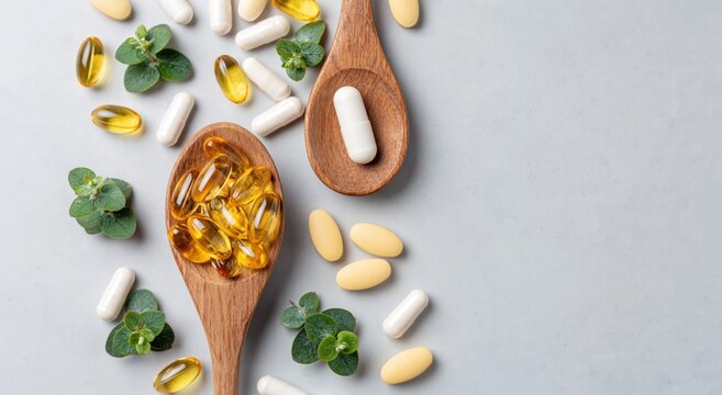 Wooden spoons holding various nutritional supplements, including yellow fish oil capsules, white pills, and green herbal leaves