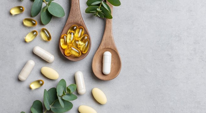 Dietary supplements, omega-3, and vitamin capsules on wooden spoons with green herbs, promoting health and wellness