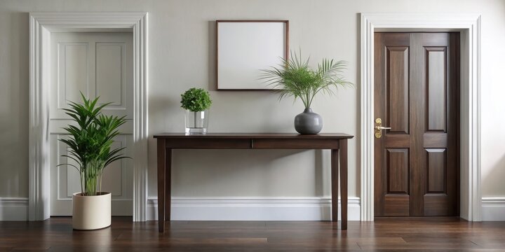 Minimalist entryway with a console table in front of the door adorned with a single potted plant and two matching side tables in a dark wood tone, simple decor, potted plant