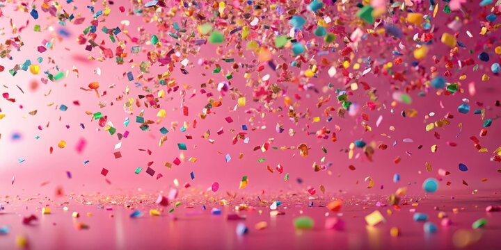 Colorful falling confetti scattered across a bright pink background, with delicate shapes and gentle fluttering motion
