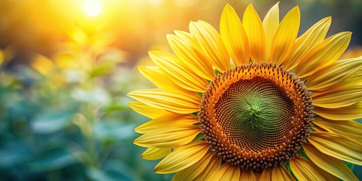 Close-up macro shot of sunflower with golden petals and center, set against a blurred natural background, showcasing the Fibonacci sequence in its arrangement, macro photography, flowers