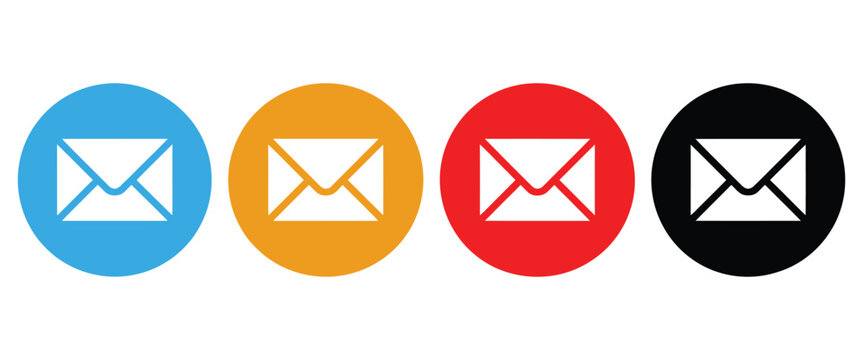 Email envelope icon set illustration, message symbols in blue orange red and black circles, communication and mail concept collection, simple flat design graphics, modern minimal style visual, digital