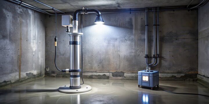 Sump pump system with water level indicator and flashlight shining on it, highlighting its functionality, alert