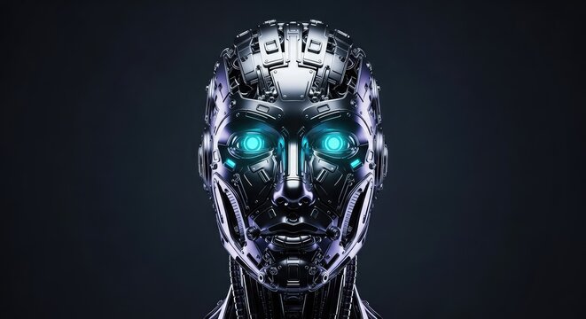 An intricate mechanical head of an advanced android features glowing cyan optical sensors and polished chrome plating in a dark studio, blue, synthetic, intricate