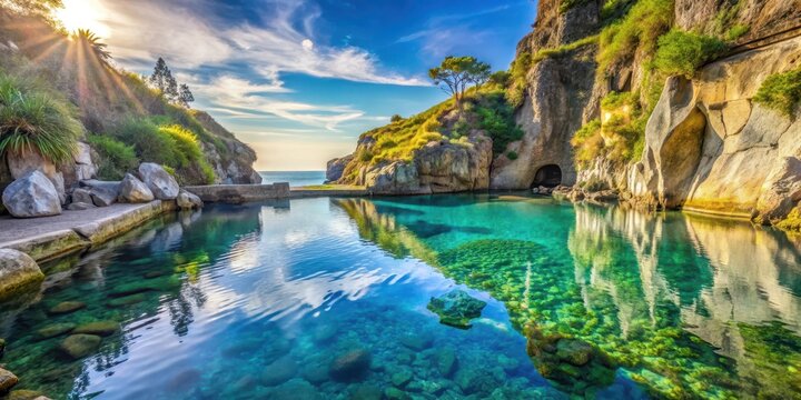 A serene thermal pool surrounded by lush greenery and natural rock formations, with clear blue water reflecting the warm sunlight on Ischia island, pool surroundings, ischa island