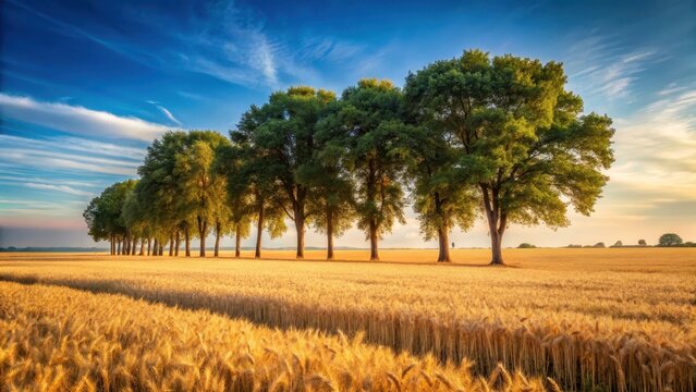 A picturesque scene of tall trees rowed in a wheat field, creating a beautiful and serene atmosphere, with the rustling of leaves in the gentle breeze, farmland, trees