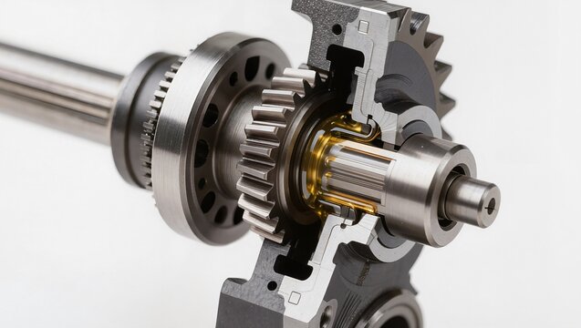 Differential gear assembly with pinion shaft and metal housing cutaway view