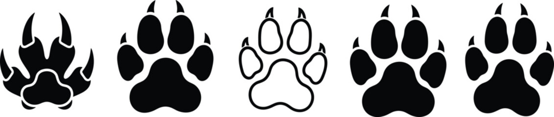 Collection of black paw print icons with claws of predator wolf bear lion wild animal footprint silhouette sign symbol isolated on white background © MstSumi